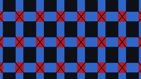 bold retro checkerboard animation featuring alternating blue and black squares accented with red x marks ideal for seamless slide backgrounds motion graphics textile patterns and digital visual design