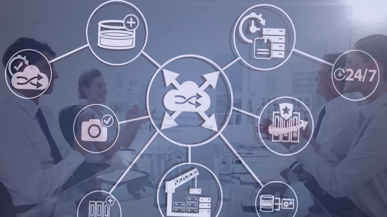 클라우드의 애니메이션, 아이콘과 연결 및 비즈니스 사람들에 대한 데이터 처리