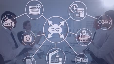 Animation of cloud, connections with icons and data processing over business people