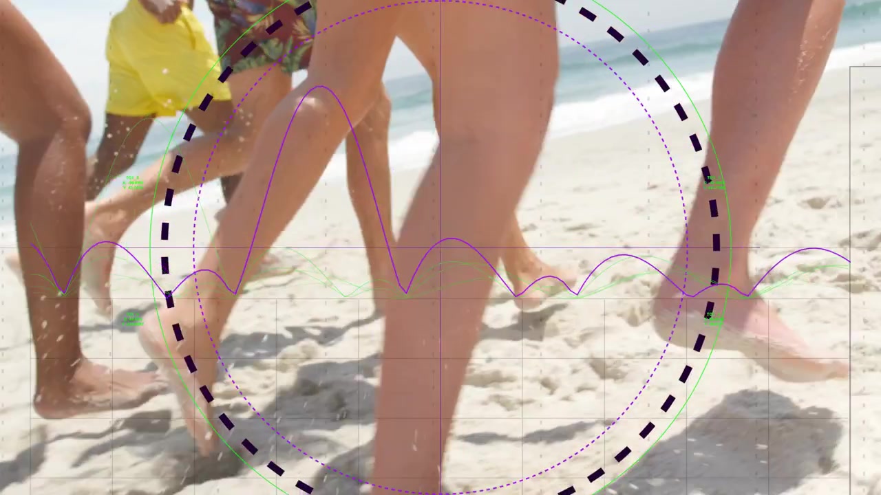 Un groupe de jambes faisant du jogging le long du rivage entre dans le cadre, une incrustation circulaire en pointillés apparaît pour analyser le mouvement.