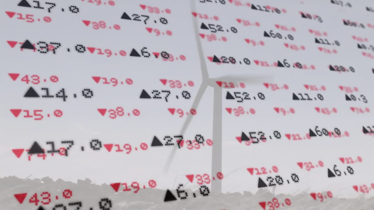 Wind turbine generating clean power while data numbers floating over grassy field with 3D overlay