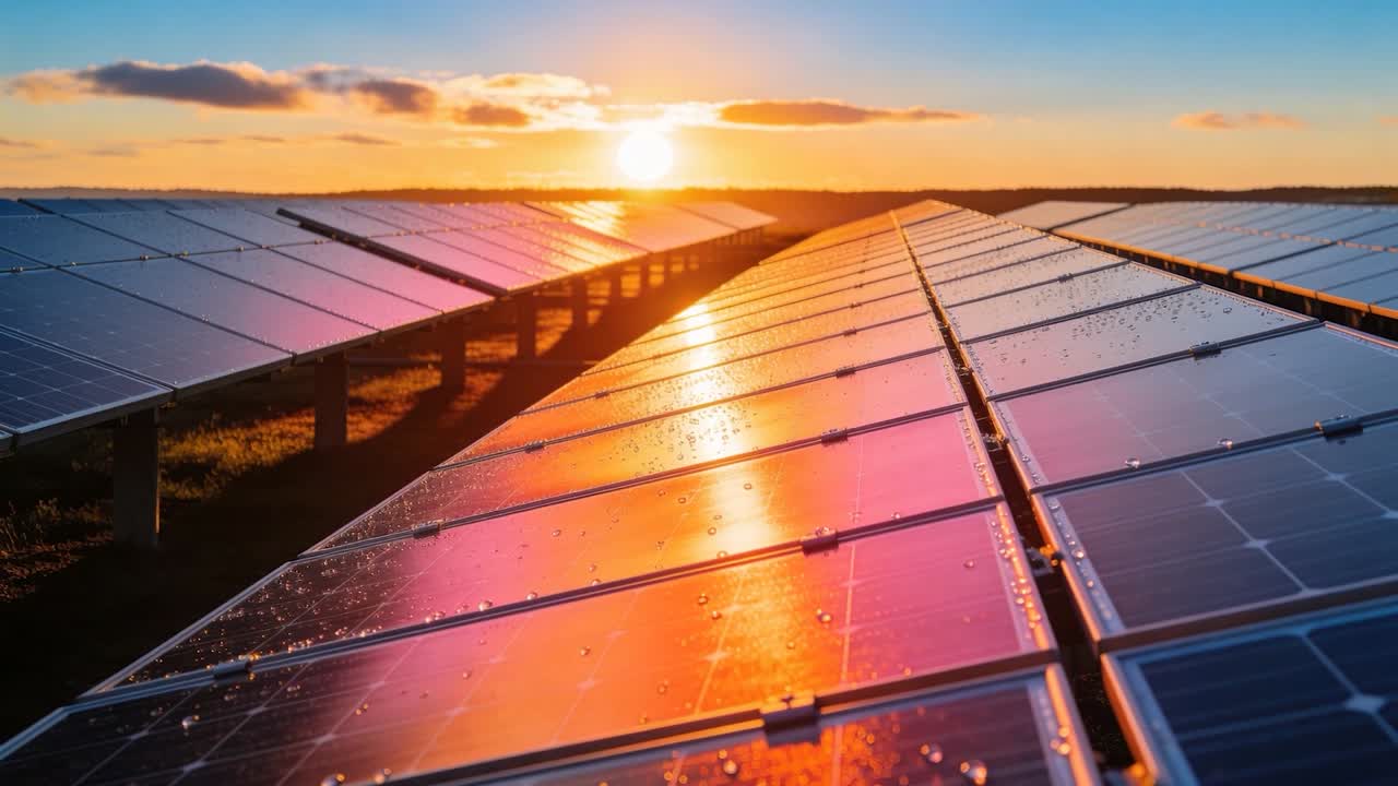 Telecamera in movimento che riprende i pannelli solari di un parco fotovoltaico, con il sole che tramonta per catturarne i riflessi.