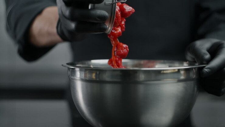 Chef che versa cibo rosso in una ciotola di metallo