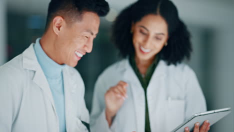 Scientist,-laboratory-and-tablet-with-happy