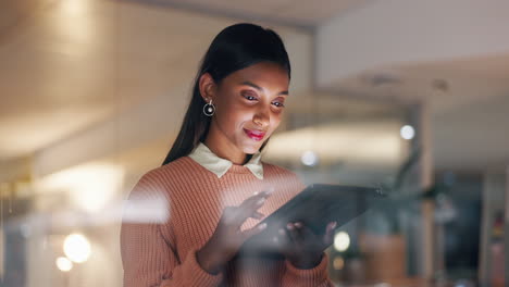 Night,-online-and-business-Indian-woman-on-tablet