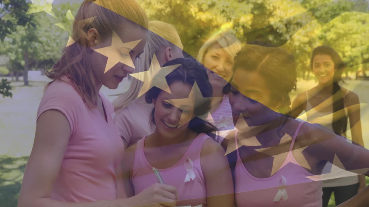grupo de mujeres con camisas rosadas con cintas sobre la bandera de bosnia y herzegovina animación