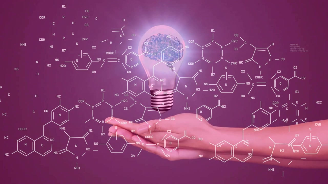 Animation of chemical formula over hands holding light bulb with brain on purple background