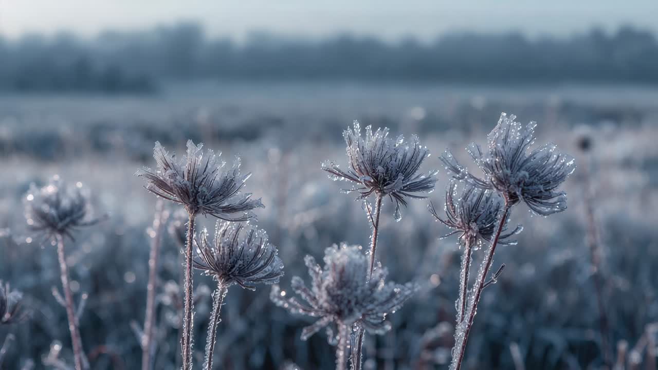 Spighe ondeggianti di fiori di campo brinati in un prato ghiacciato, una leggera brezza fa brillare i cristalli di ghiaccio