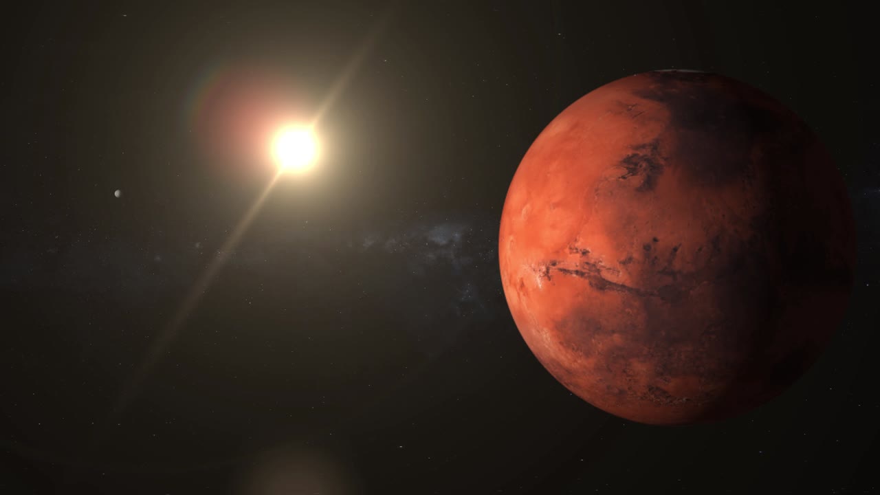 Vista spaziale del Pianeta Marte e del Sole nell'Universo.