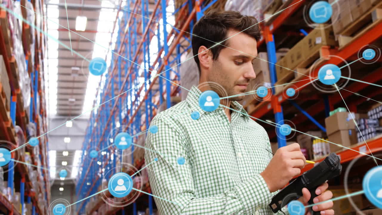 animación de la red de conexiones con la gente iconos sobre el hombre caucásico que trabaja en el almacén