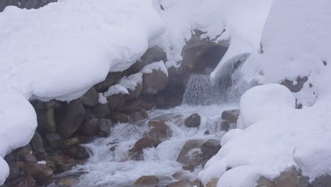 pristine mountain stream flowing through ice melt, nagano japan