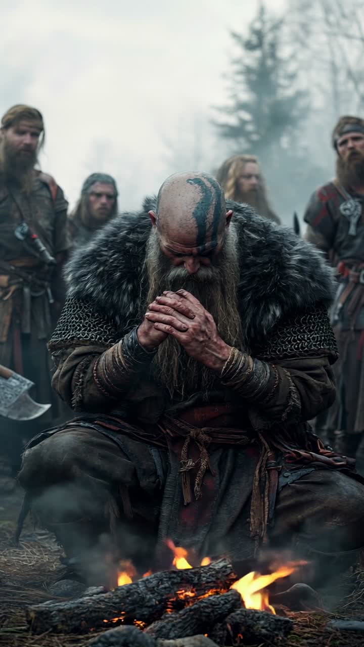 Viking warrior praying by the fire in silence