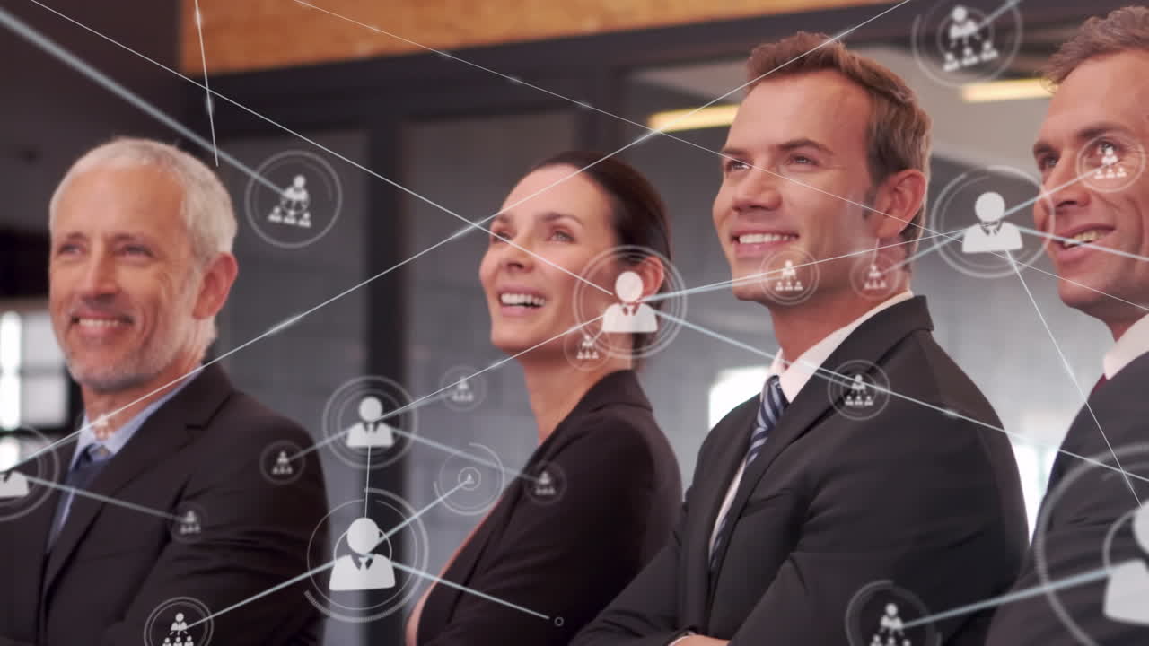 анимация сети связей с иконами над деловыми людьми в офисе