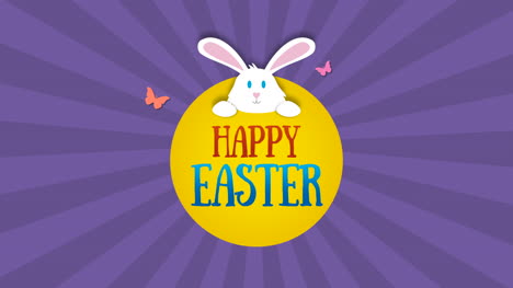 animated closeup happy easter text and rabbit on blue and purple vertigo