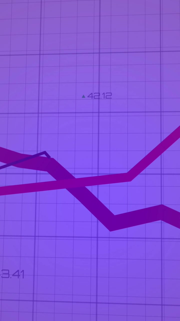 Animation of statistical data processing over grid network against purple gradient background