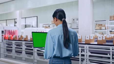 back view of asian female with conveyor for packaging coffee beans in bags at coffee factory, typing on laptop's keyboard with green screen and look at the factory once