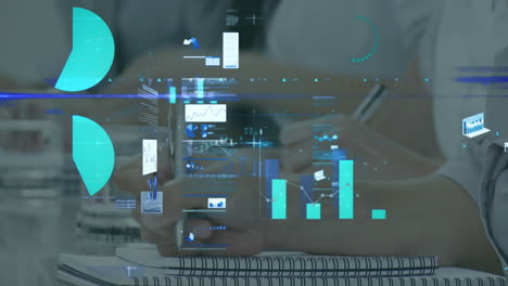 animation of multiple graphs and trading board over caucasian children writing on notepads