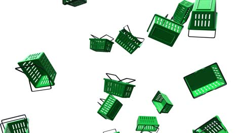 green plastic shopping baskets on white background.