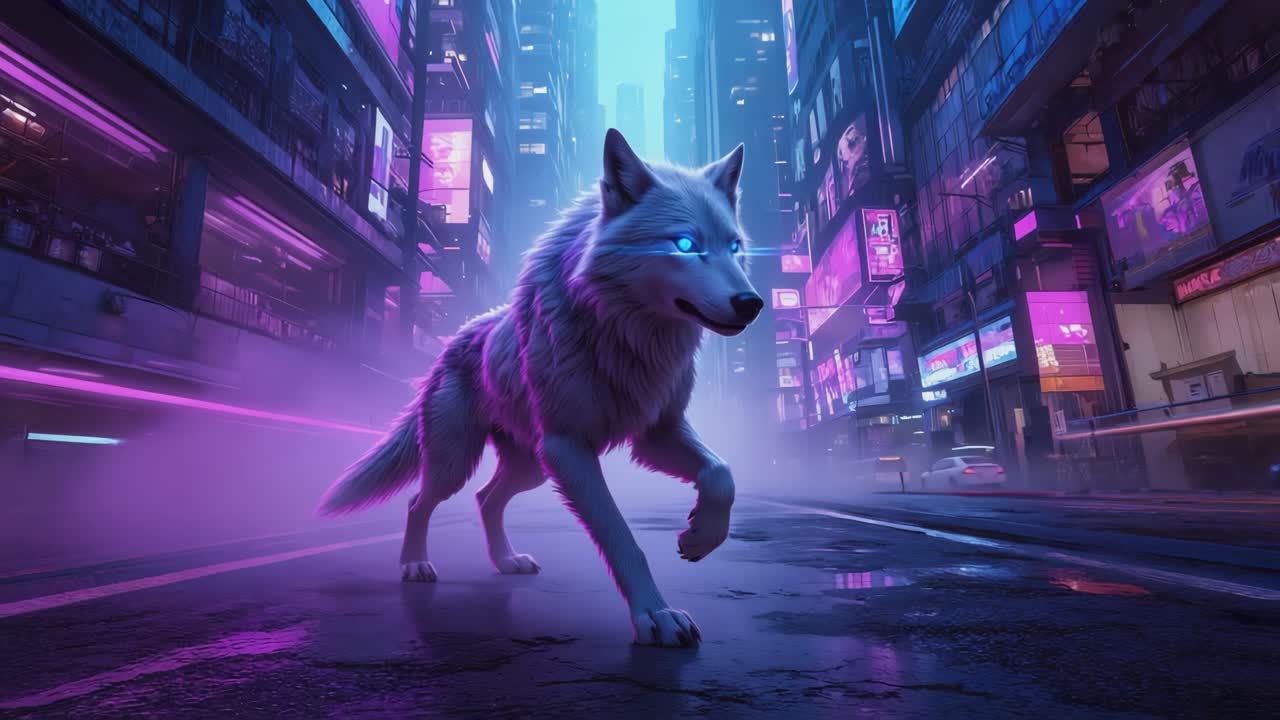 En cyberpunk-ulv i en neonby