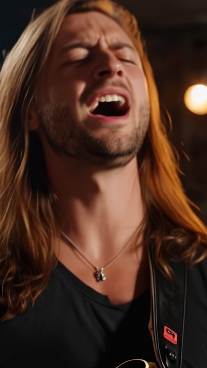 Performance musicale emozionante: Un cantante appassionato che esprime emozione attraverso il canto in un'affascinante ambientazione da studio, dimostrando autentica maestria musicale.