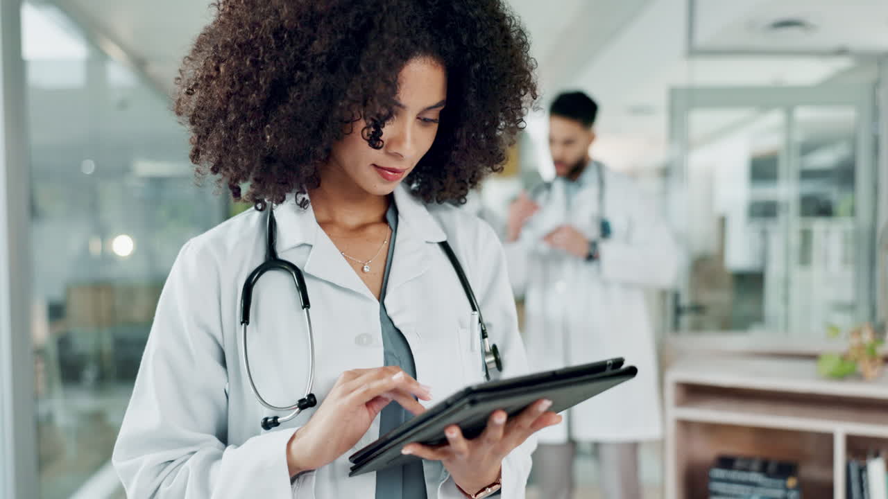 Tablet, doctor and woman typing