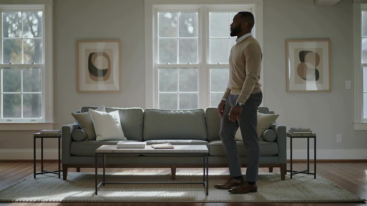 Leaning man in beige sweater reaching and placing stacked book on coffee table at home