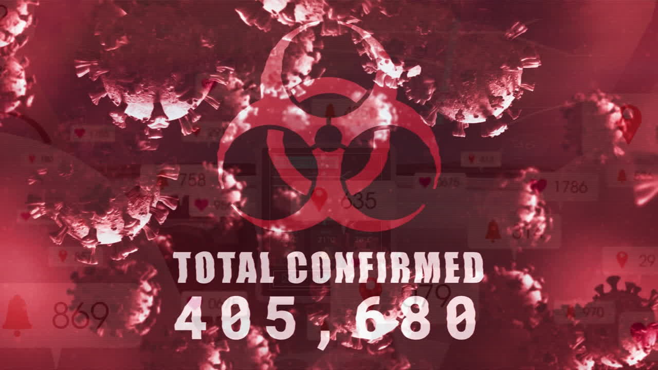 코로나 19 세포의 애니메이션과 생물 위험 상징으로 데이터 처리가