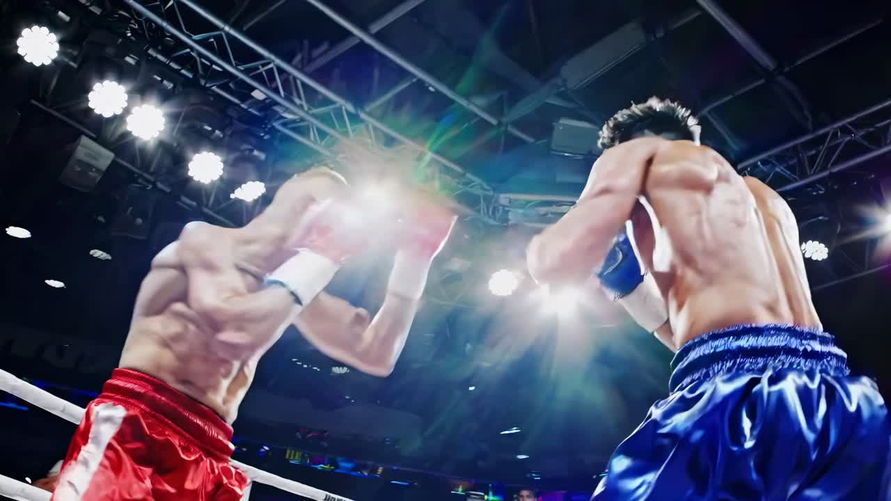 Dynamic low-angle shot of two boxers in a ring, highlighting muscular tension and intensity