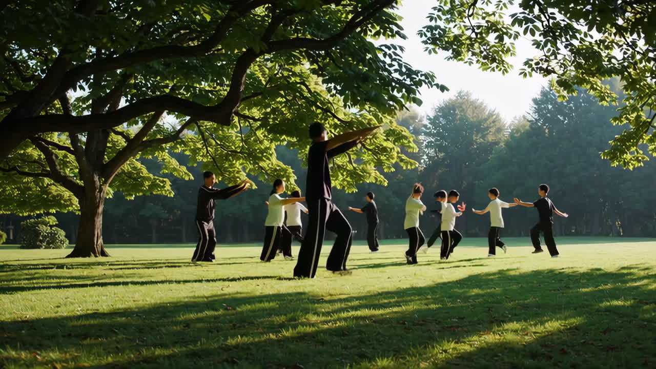 A group of people practicing Tai Chi or similar martial arts in a sunny park