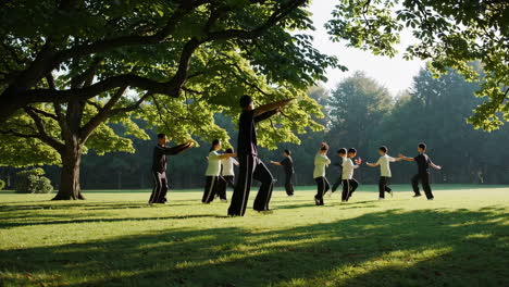 a group of people practicing tai chi or similar martial arts in a sunny park