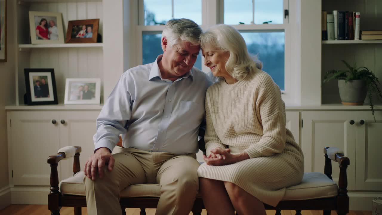 Leaning forward senior couple tilting heads together on wooden bench by double window showing love