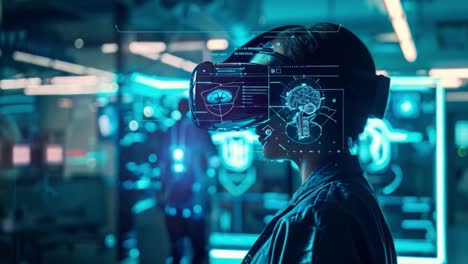 person using futuristic vr headset with brain interface