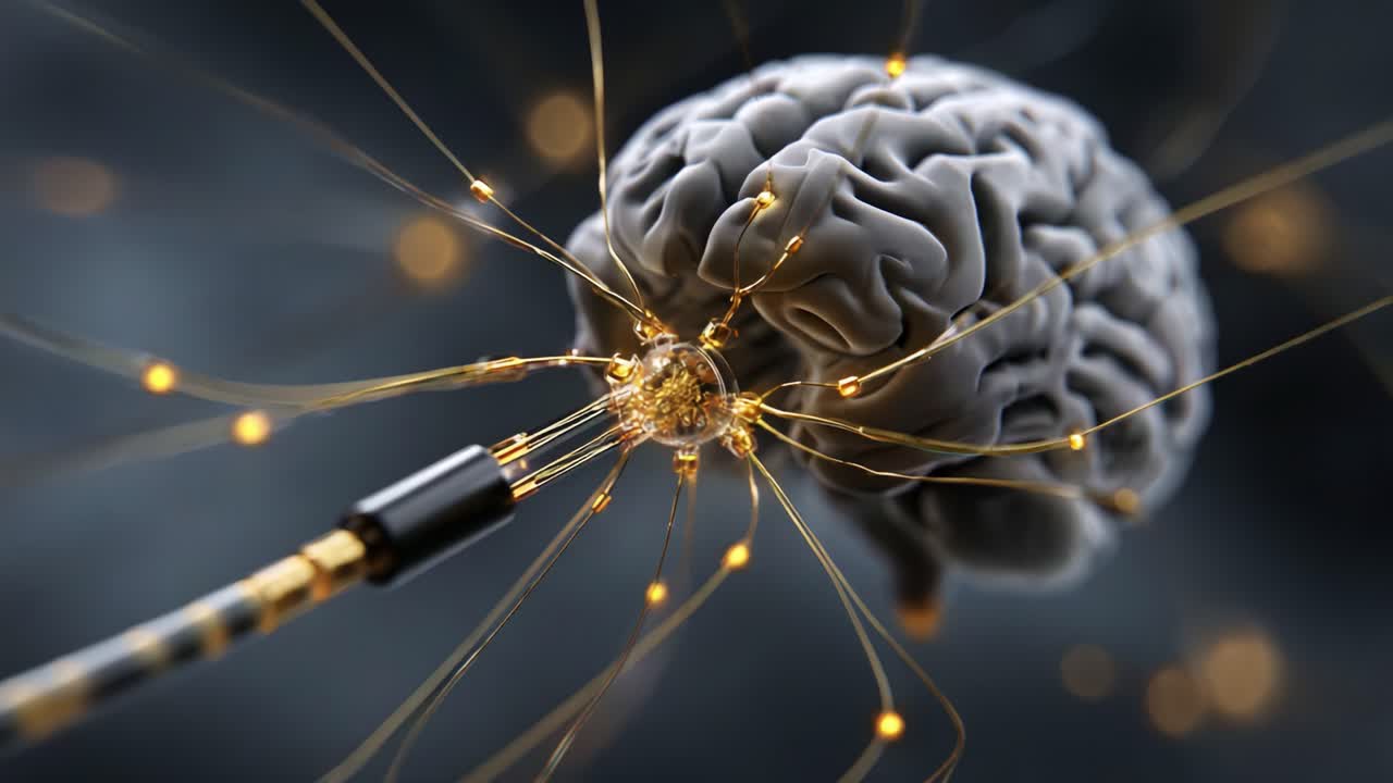 An Intricate Representation of Neural Connections: A Close-Up of a Brain with Glowing Synapses and Electrodes Illustrating the Beauty of Human Cognition and Connectivity