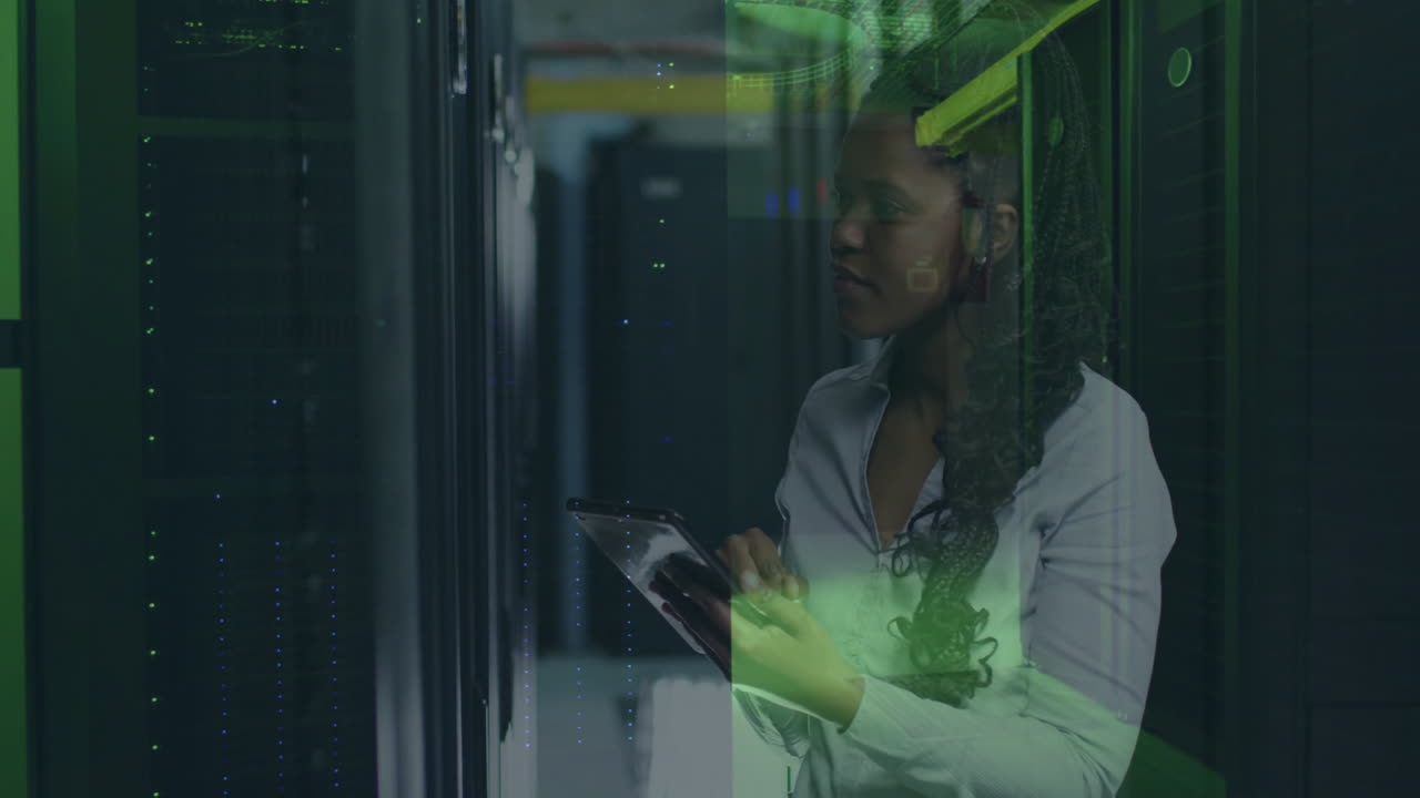 Woman using tablet in server room with digital data processing animation overlay