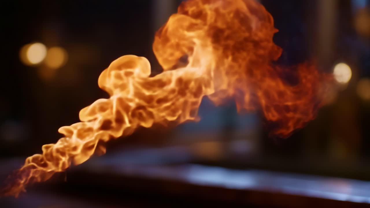 Et fascinerende syn af flammer, der danser i luften, og viser de levende farver og dynamiske bevægelser af ild mod en blødt sløret baggrund