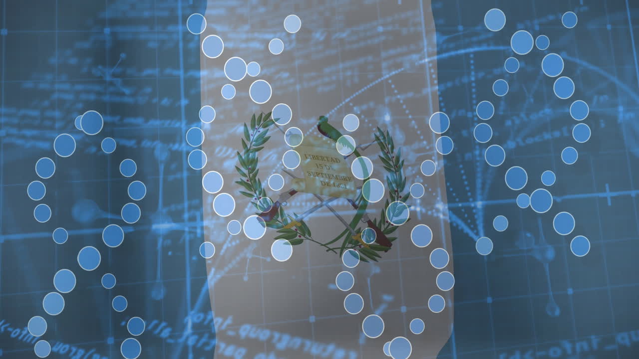 Guatemala flag with scientific data and molecular structure animation overlay