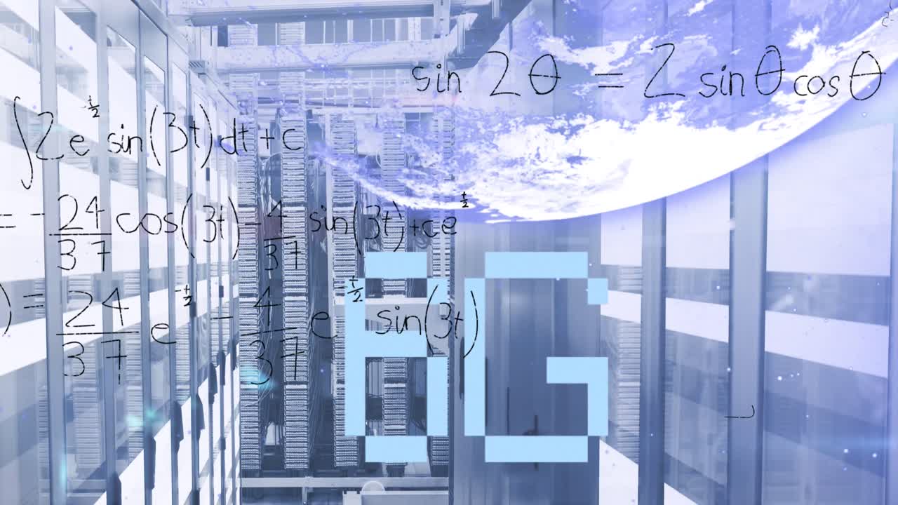 Animation of 6g text, globe and maths calculations over computer server room