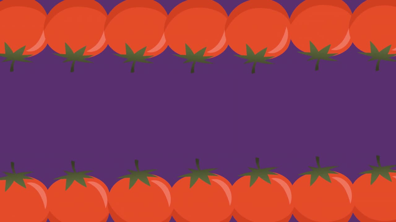 animación de dos filas de tomates rojos que se mueven en la parte superior e inferior del fondo púrpura