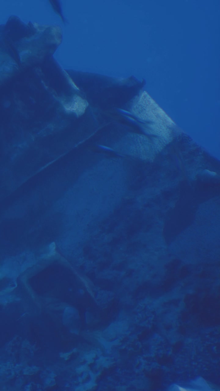 Naufrágio submerso debaixo d'água com vida marinha ao redor em mar azul claro.