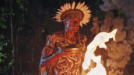 indigenous shaman wearing traditional headdress and clothing, holding a bowl and performing a ritual near a bonfire in the amazon rainforest at night