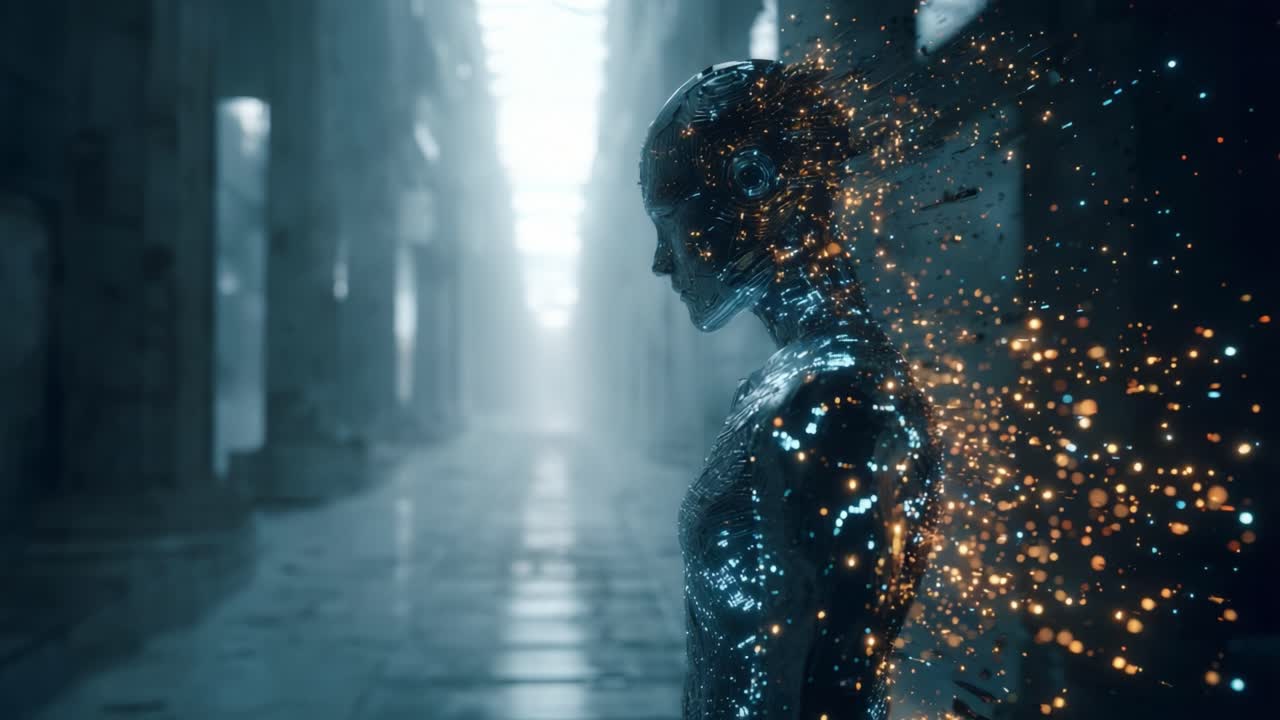 A futuristic humanoid figure, composed of shimmering particles and glowing lights, stands in an ethereal corridor, showcasing advanced technology and a surreal atmosphere