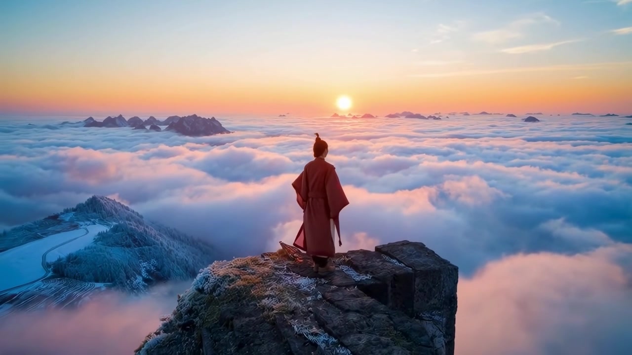 Figure in Traditional Robe Standing on Mountain Peak Above Clouds at Sunrise