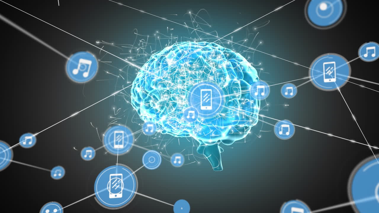 animación de iconos conectados con líneas sobre puntos alrededor del cerebro humano digital en un fondo abstracto