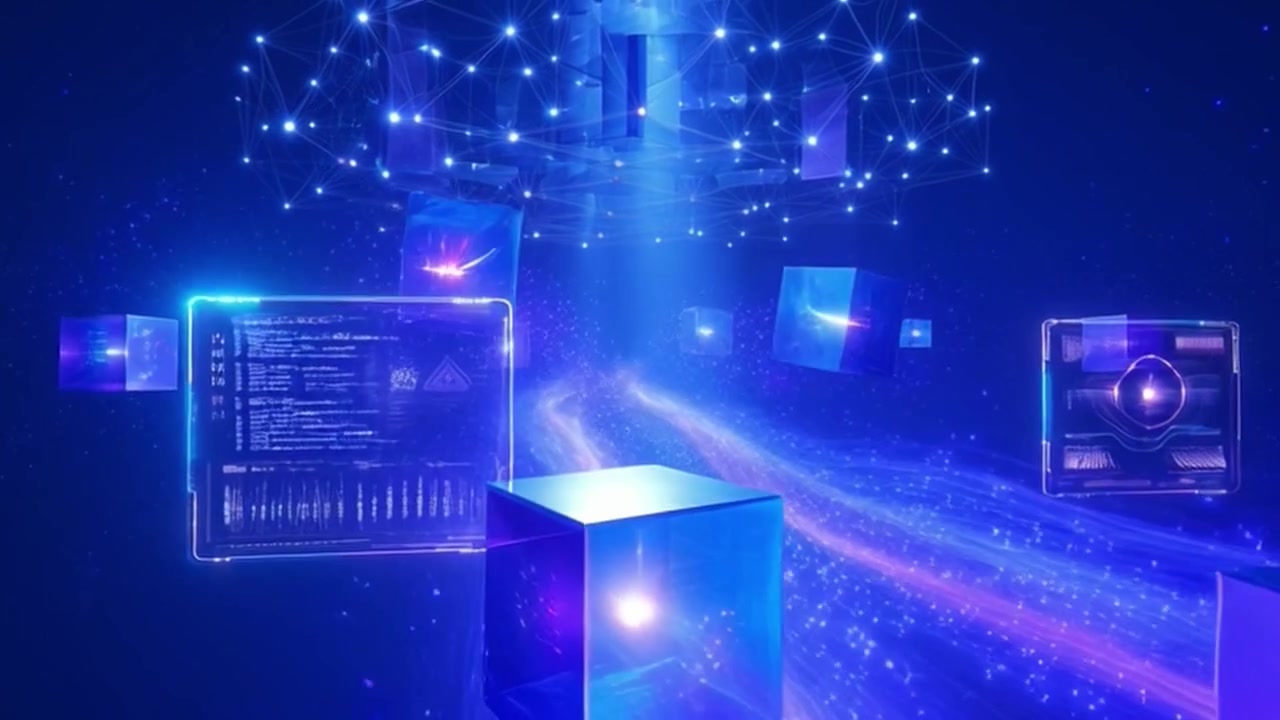 Abstract Digital Data Flow with Floating Cubes and Network Connections