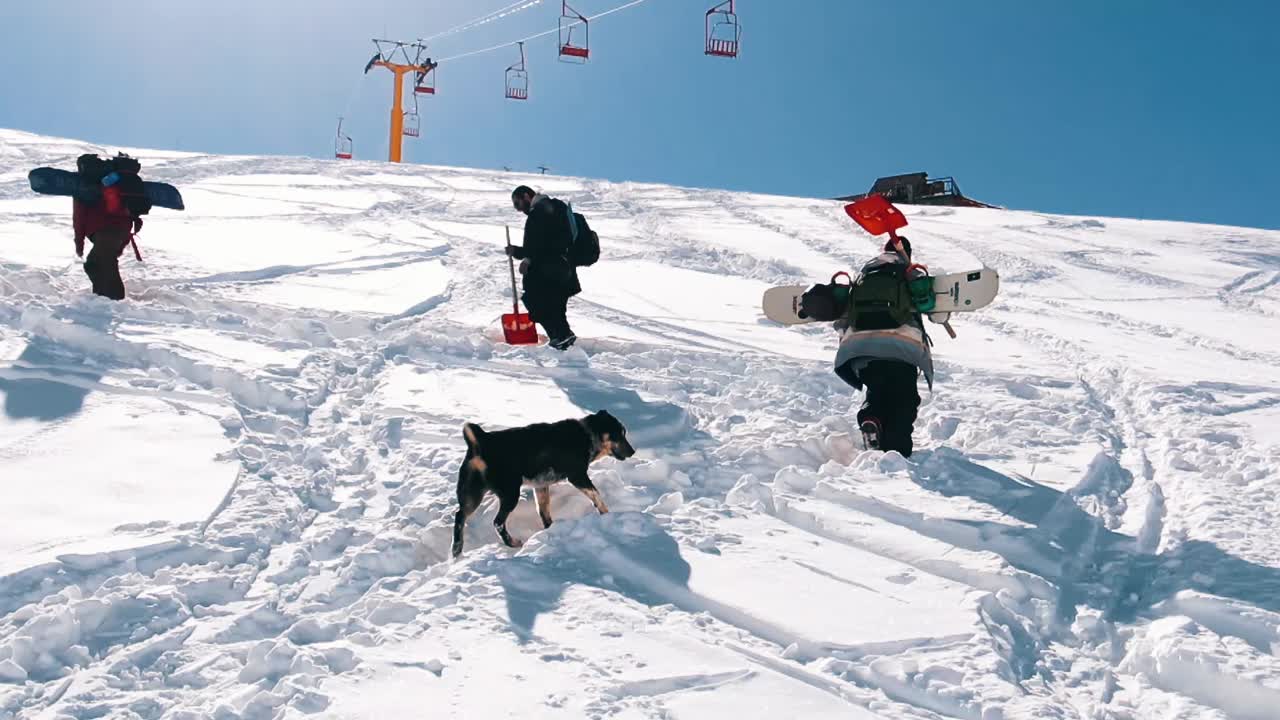 Slow motion: Snow boarders walking up the mountain. Camera moving slowly behind group of snowboarder walking up the mountain
