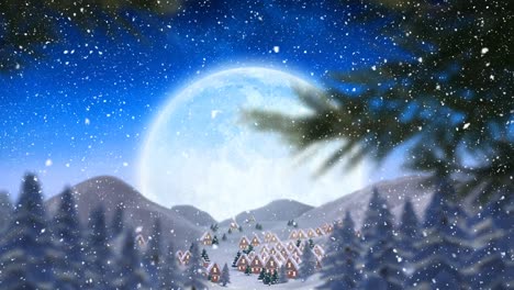 Animation-Von-Schnee,-Der-über-Schneebedeckte-Häuser-Fällt,-Die-Mit-Weihnachtslichtern-Und-Mond-Geschmückt-Sind