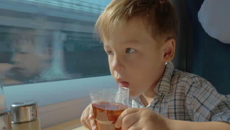 Niño-Tomando-Té-Y-Mirando-Por-La-Ventana-En-Un-Tren-En-Movimiento