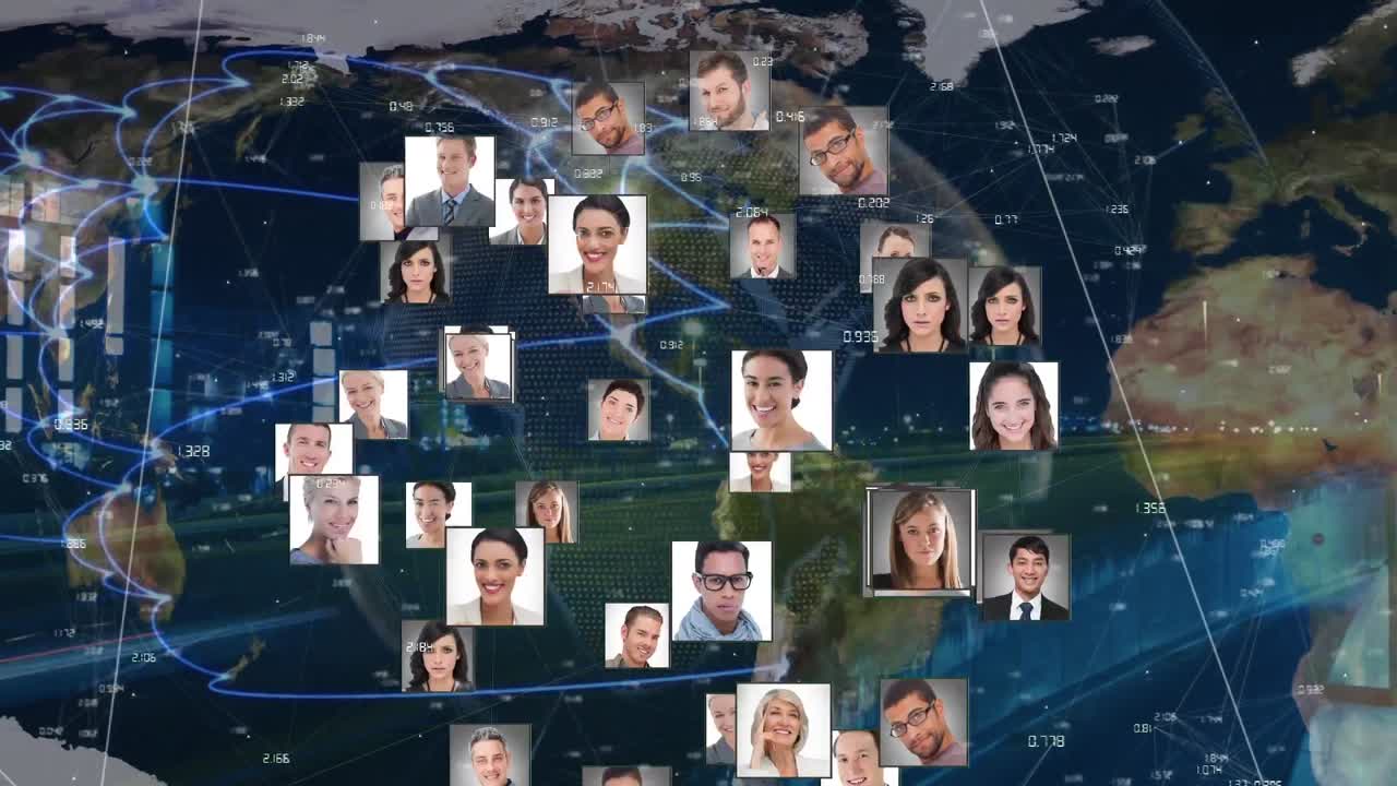 Animation of globe of network of connections with people's photos and data processing