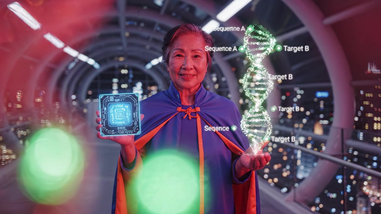 Futuristický vědec drží zářící model DNA a high-tech zařízení, čímž ukazuje průsečík technologie a biologie v městském prostředí v noci.