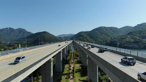 a high bridge over a river